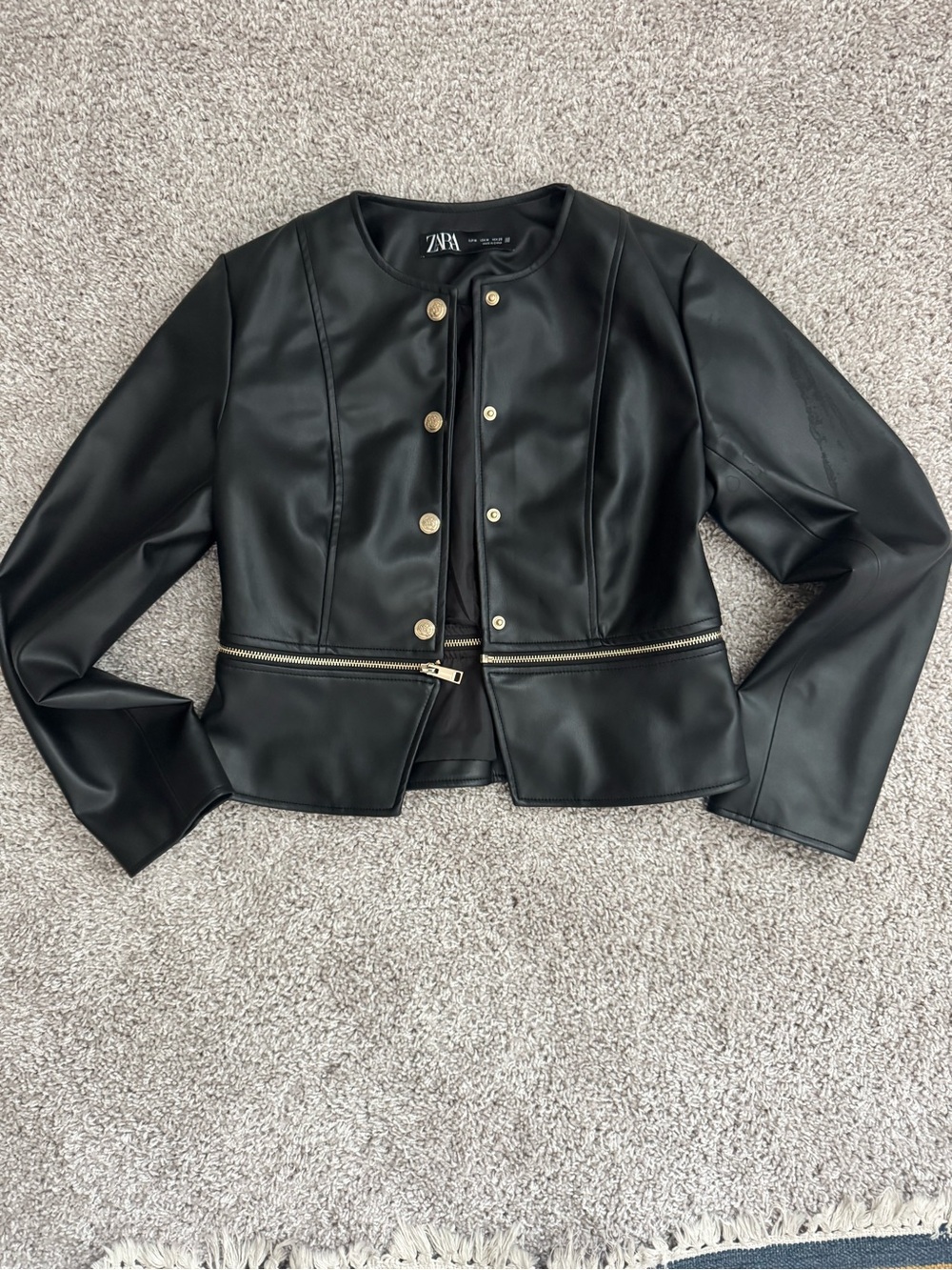 Zara Black Faux Leather Peplum Jacket with Gold Accents
